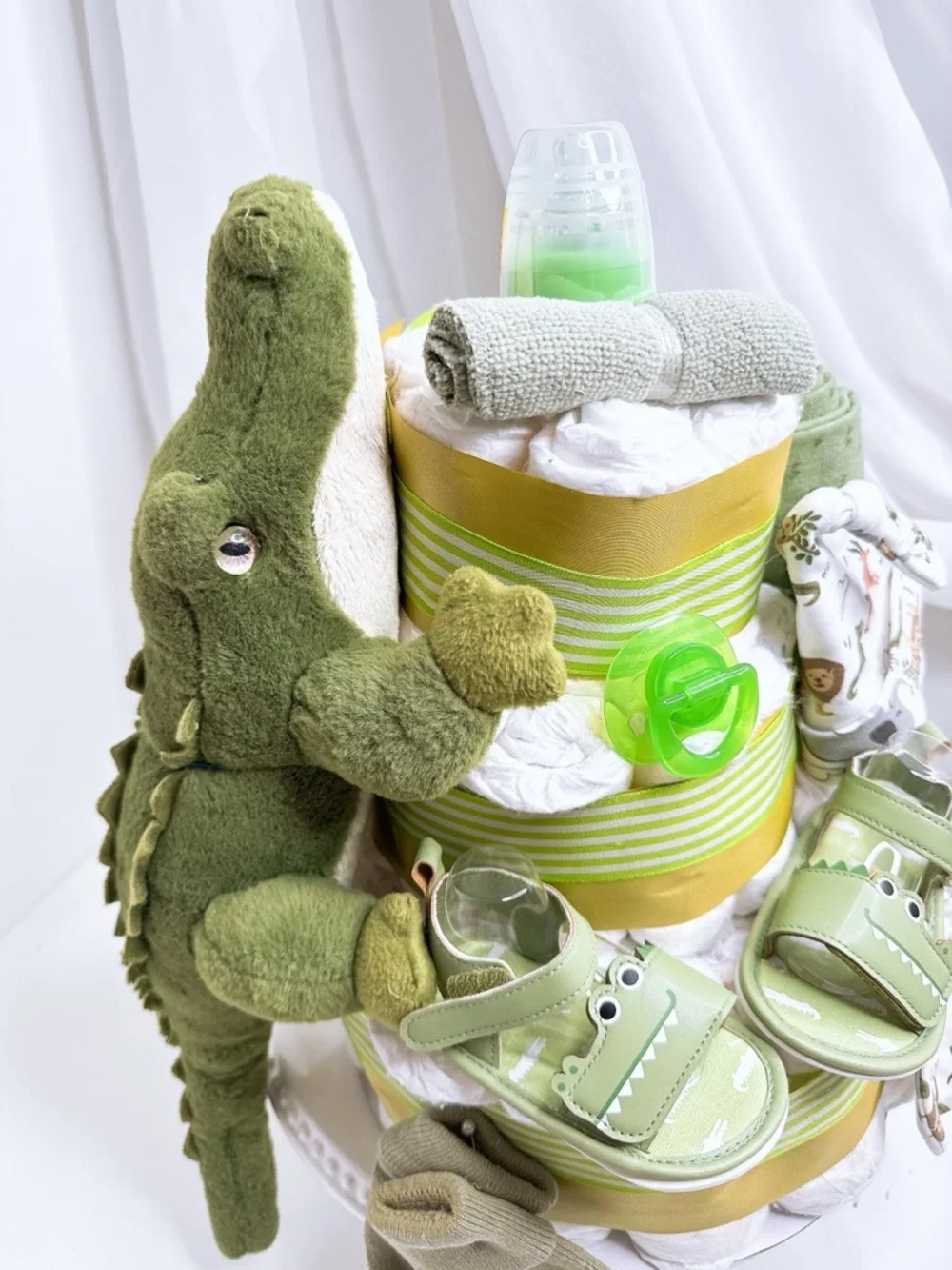 Green Crocodile Baby Diaper Cake Gift Set